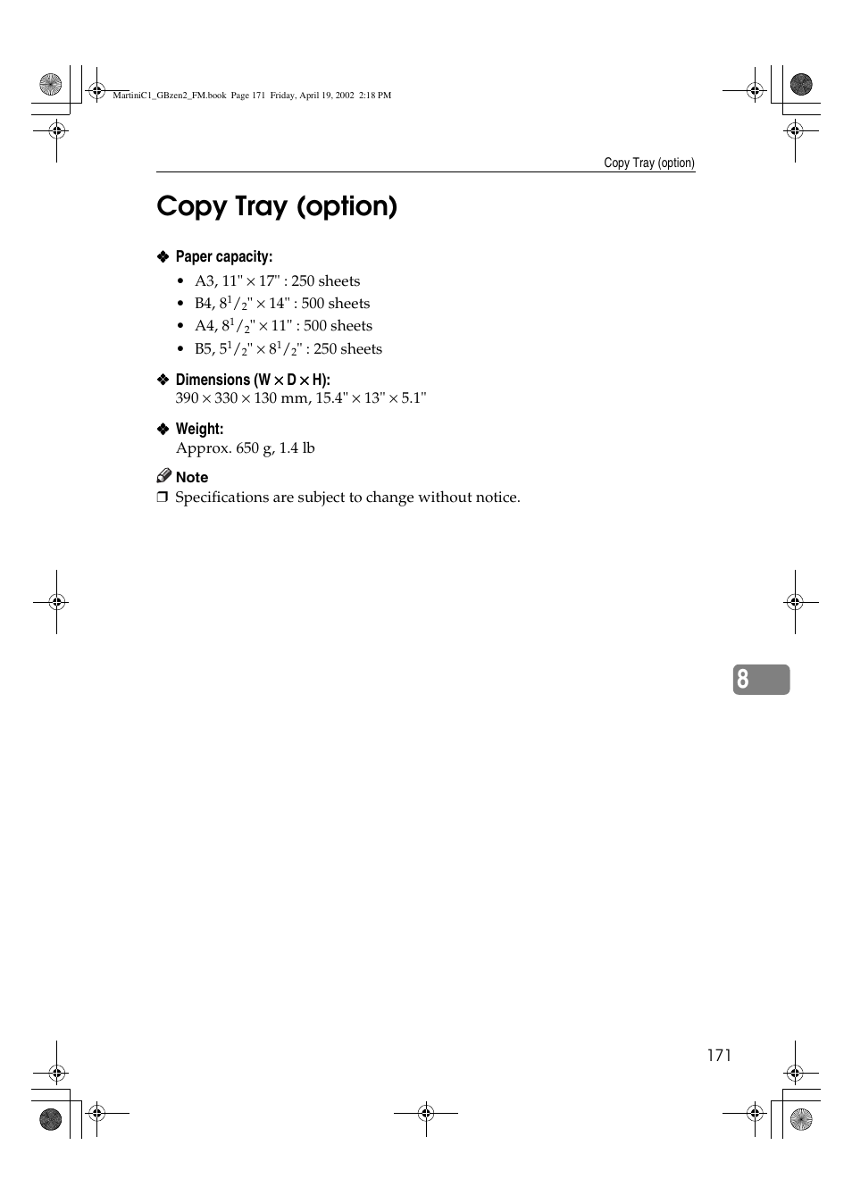 Copy tray, 8copy tray (option) | Ricoh 1075 User Manual | Page 185 / 202