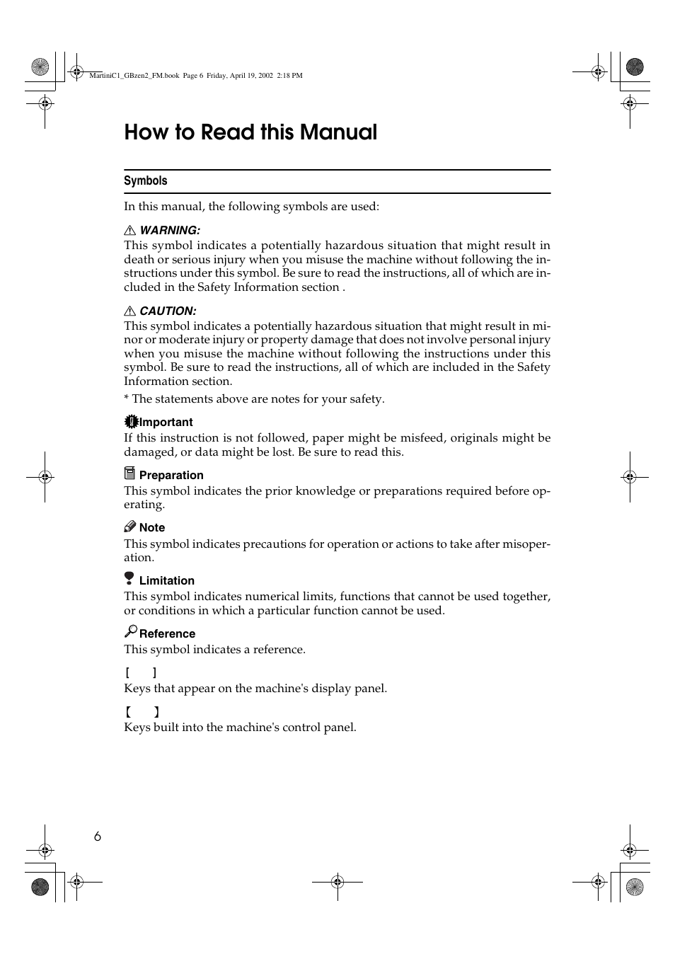 How to read this manual | Ricoh 1075 User Manual | Page 20 / 202