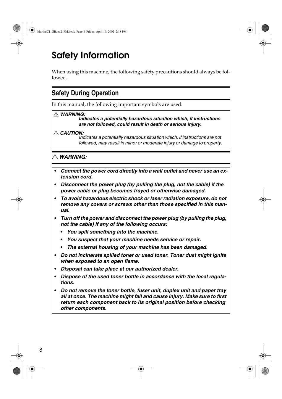 Safety information, Safety during operation | Ricoh 1075 User Manual | Page 22 / 202