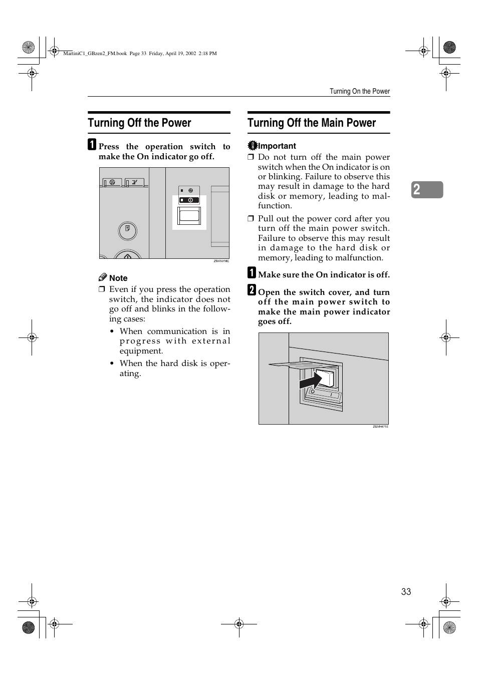 Turning off the power, Turning off the main power | Ricoh 1075 User Manual | Page 47 / 202
