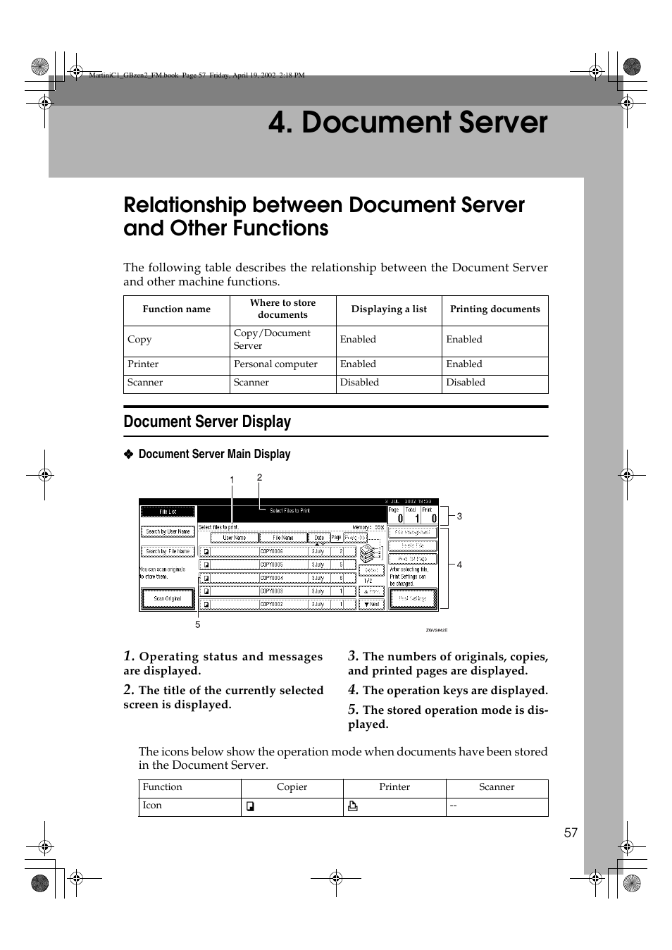 Document server, Document server display | Ricoh 1075 User Manual | Page 71 / 202