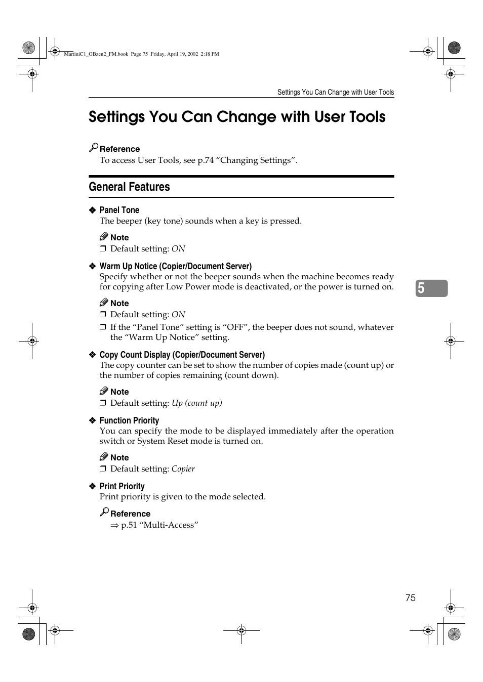 Settings you can change with user tools, General features, 5settings you can change with user tools | Ricoh 1075 User Manual | Page 89 / 202