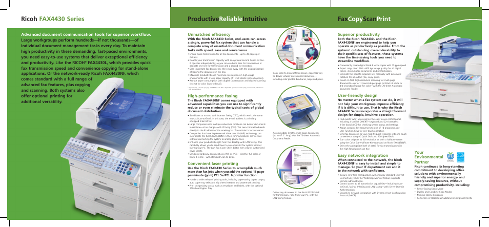 Ricoh fax4430 series, Productive reliable intuitive fax copy scan print, Unmatched efficiency | High-performance faxing, Convenient laser printing, Superior productivity, User-friendly design, Easy network integration, Your environmental partner | Ricoh FAX4430NF User Manual | Page 4 / 6