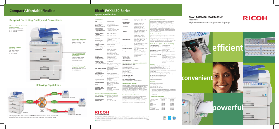 Efficient, Powerful, Convenient | Compact affordable flexible ricoh fax4430 series, Designed for lasting quality and convenience, Ip faxing capabilities, Facsimile high-performance faxing for workgroups, System specifications | Ricoh FAX4430NF User Manual | Page 5 / 6