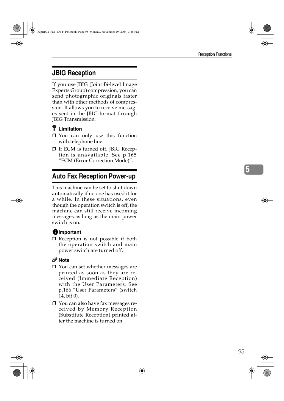 Jbig reception, Auto fax reception power-up | Ricoh Facsimile User Manual | Page 105 / 228