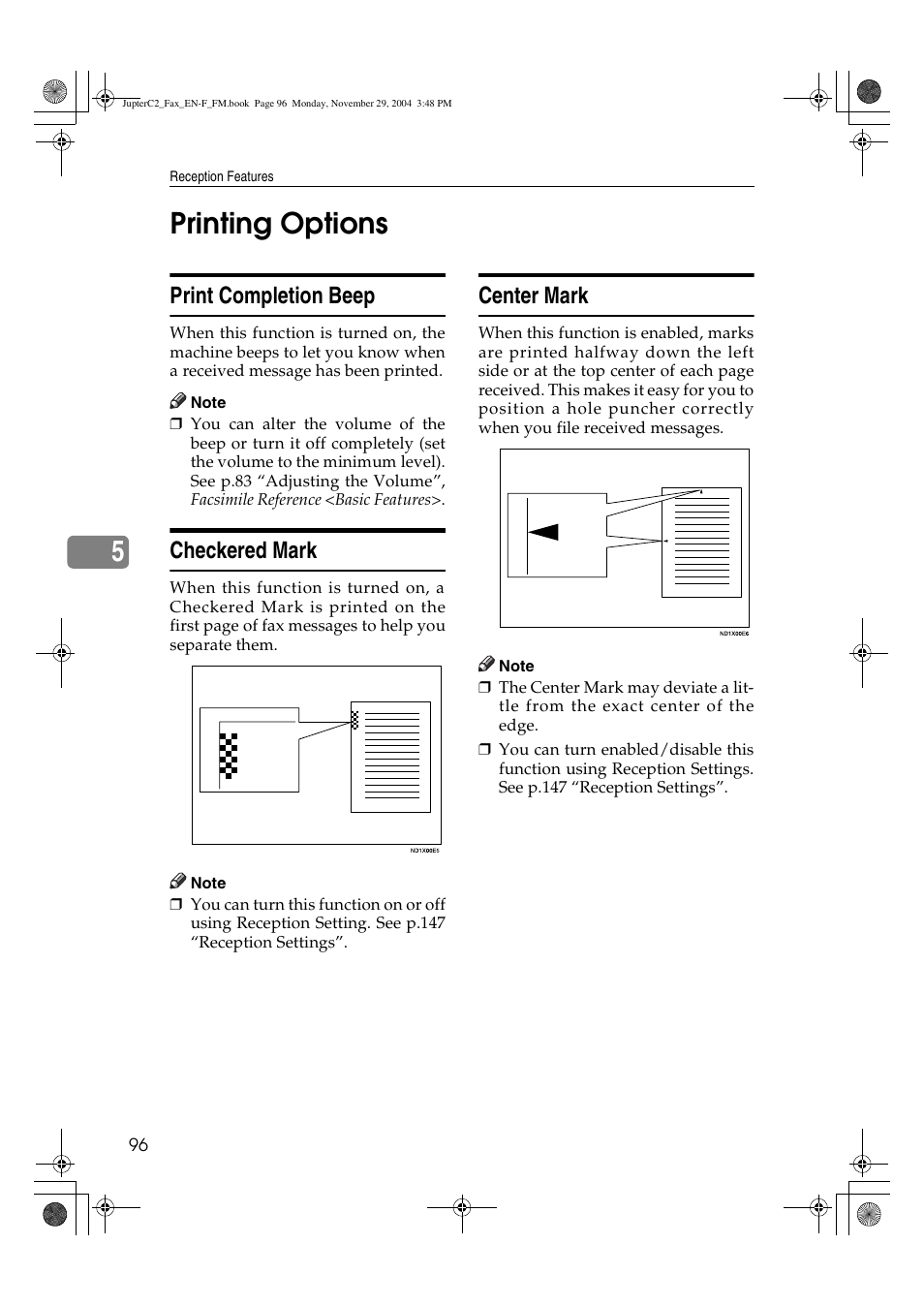 5printing options, Print completion beep, Checkered mark | Center mark | Ricoh Facsimile User Manual | Page 106 / 228