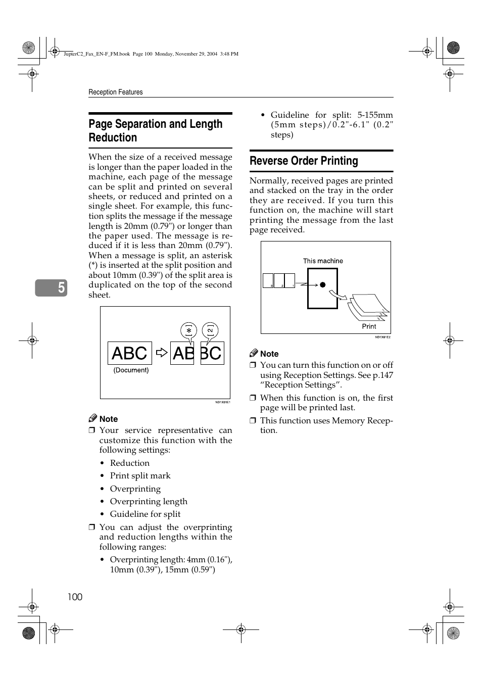 Page separation and length reduction, Reverse order printing | Ricoh Facsimile User Manual | Page 110 / 228