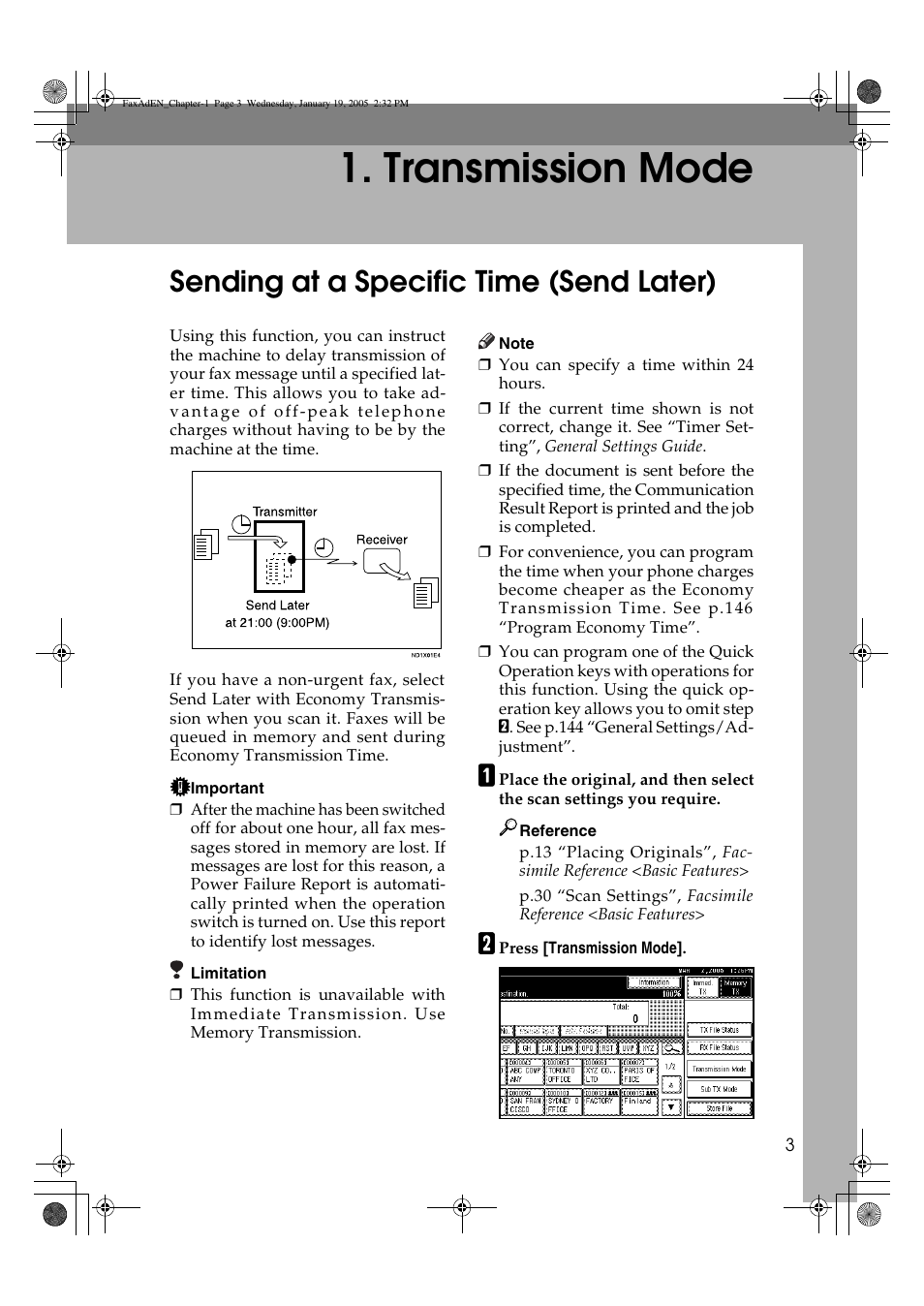 Transmission mode, Sending at a specific time (send later) | Ricoh Facsimile User Manual | Page 13 / 228