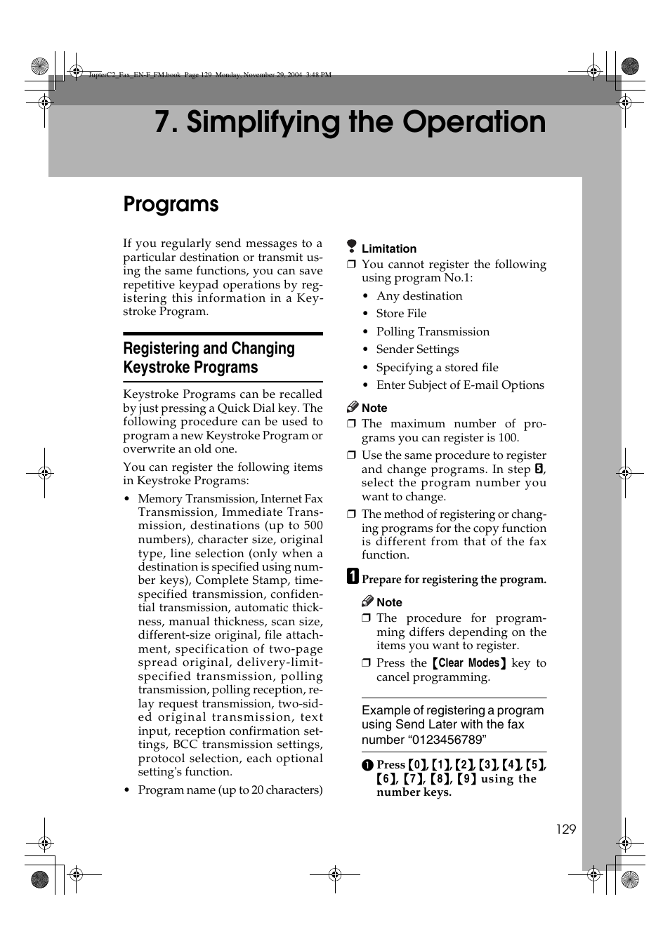 Simplifying the operation, Programs, Registering and changing keystroke programs | Ricoh Facsimile User Manual | Page 139 / 228