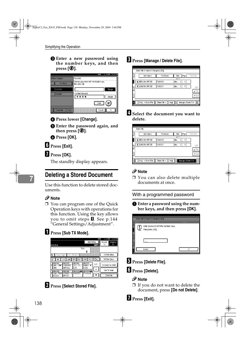 Deleting a stored document | Ricoh Facsimile User Manual | Page 148 / 228