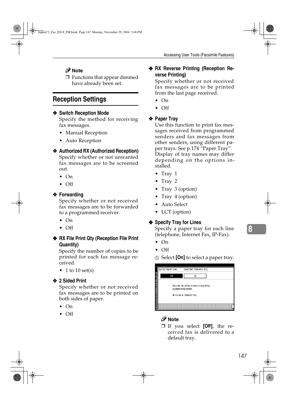 Reception settings | Ricoh Facsimile User Manual | Page 157 / 228