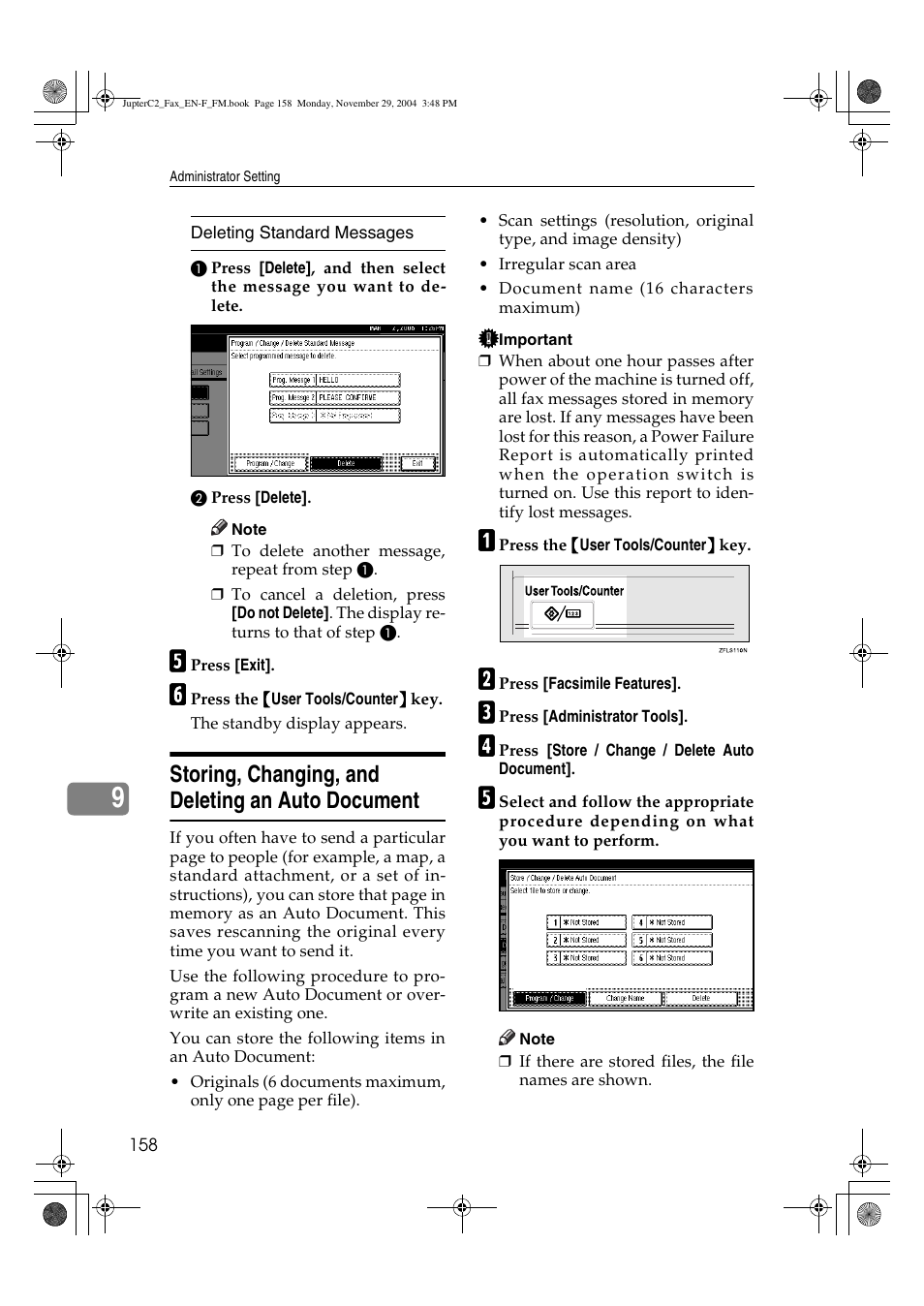 Storing, changing, and deleting an auto document | Ricoh Facsimile User Manual | Page 168 / 228