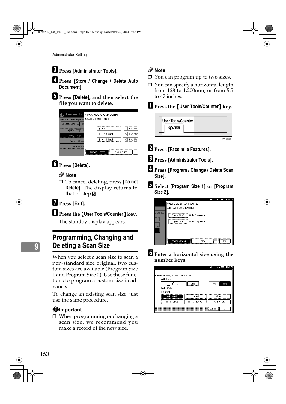 Programming, changing and deleting a scan size | Ricoh Facsimile User Manual | Page 170 / 228