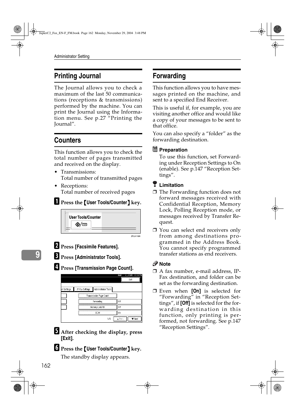 Printing journal, Counters, Forwarding | Ricoh Facsimile User Manual | Page 172 / 228