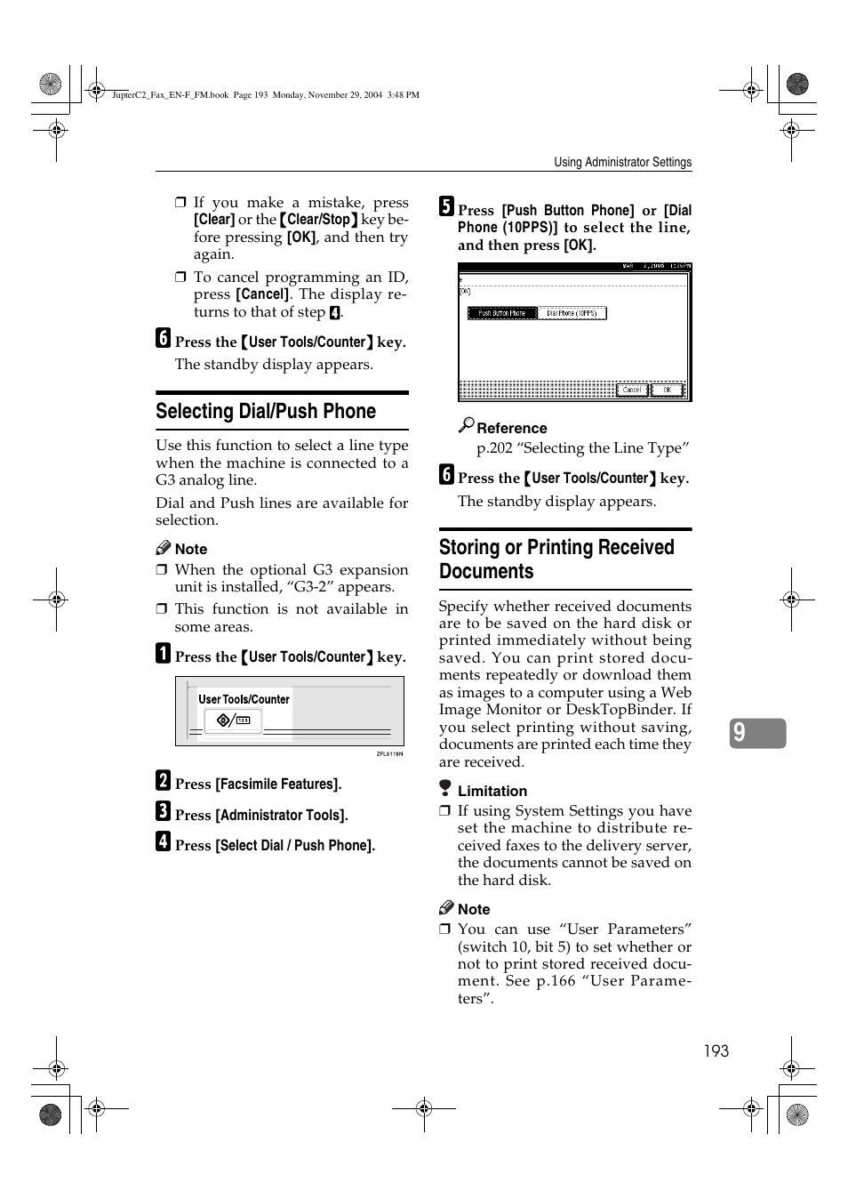 Selecting dial/push phone, Storing or printing received documents | Ricoh Facsimile User Manual | Page 203 / 228