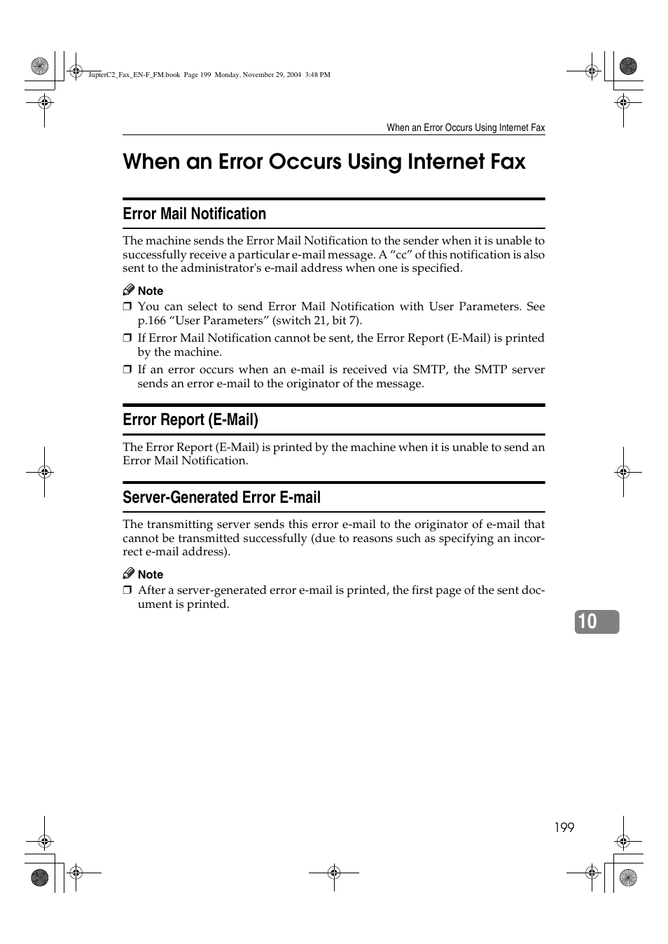 10 when an error occurs using internet fax, Error mail notification, Error report (e-mail) | Server-generated error e-mail | Ricoh Facsimile User Manual | Page 209 / 228