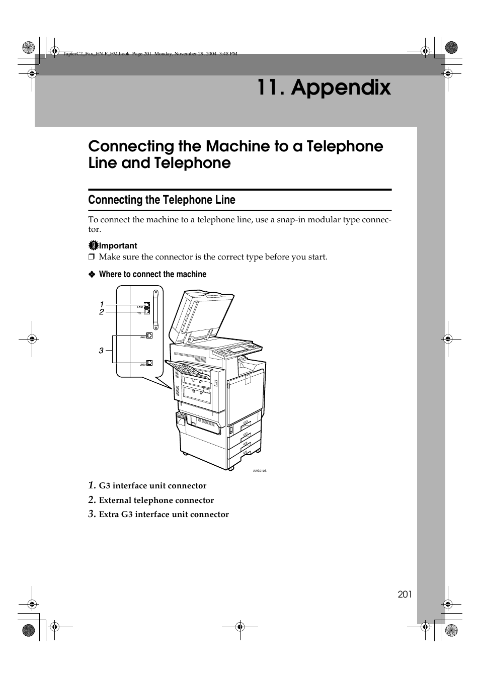 Appendix, Connecting the telephone line | Ricoh Facsimile User Manual | Page 211 / 228
