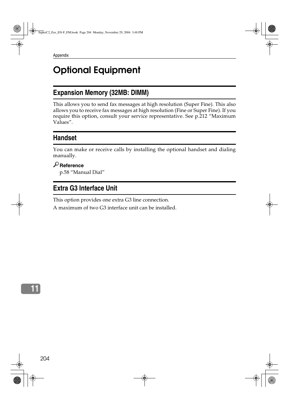 11 optional equipment, Handset, Extra g3 interface unit | Ricoh Facsimile User Manual | Page 214 / 228