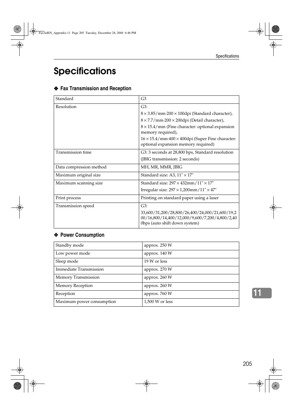 11 specifications | Ricoh Facsimile User Manual | Page 215 / 228