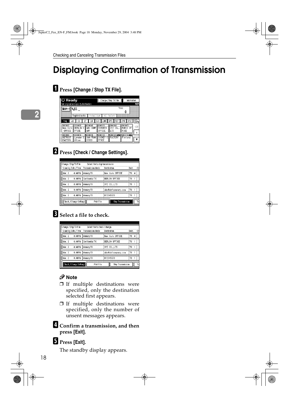 2displaying confirmation of transmission | Ricoh Facsimile User Manual | Page 28 / 228