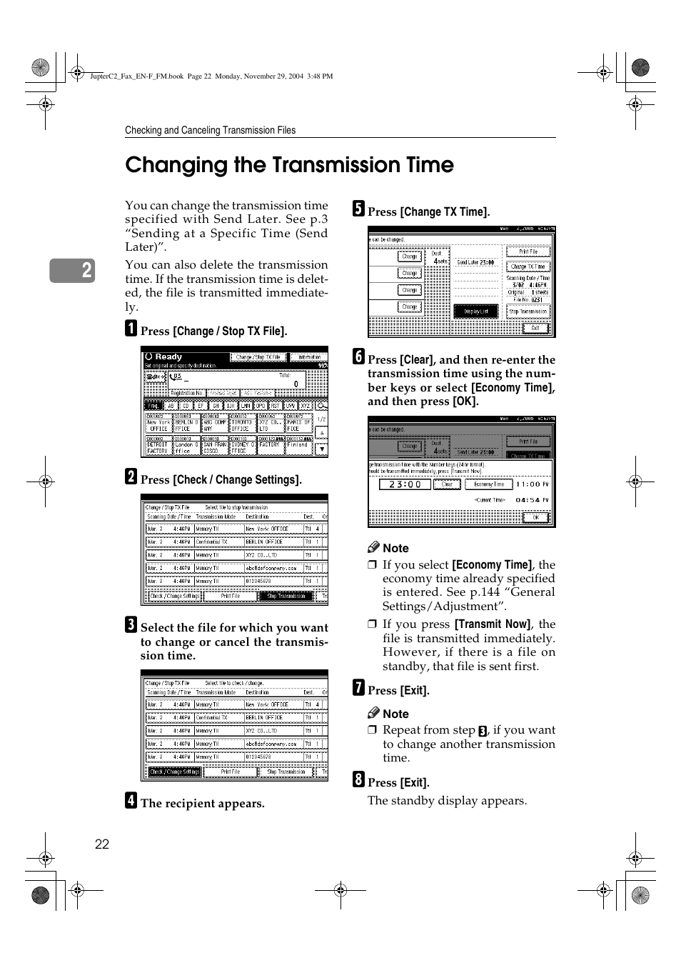 2changing the transmission time | Ricoh Facsimile User Manual | Page 32 / 228