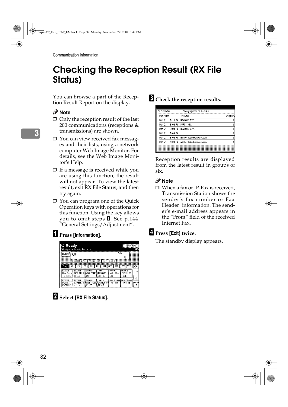 3checking the reception result (rx file status) | Ricoh Facsimile User Manual | Page 42 / 228