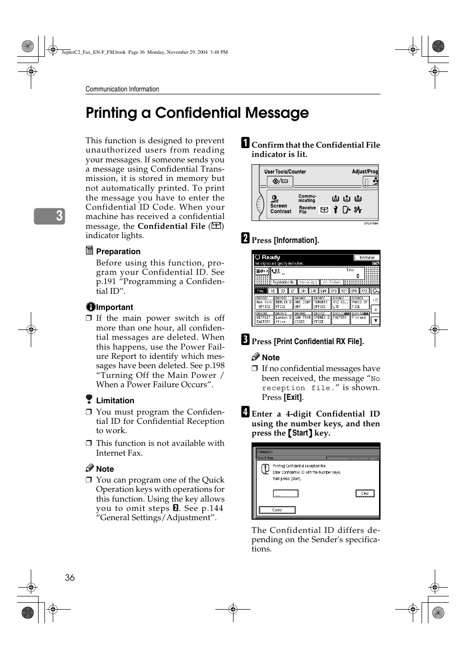 3printing a confidential message | Ricoh Facsimile User Manual | Page 46 / 228