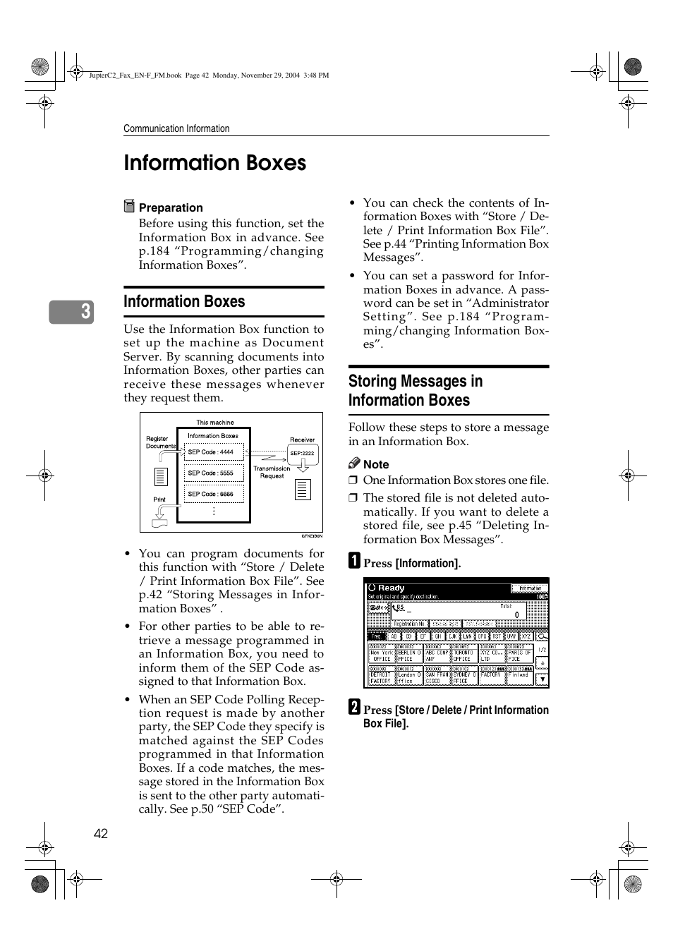 3information boxes, Information boxes, Storing messages in information boxes | Ricoh Facsimile User Manual | Page 52 / 228