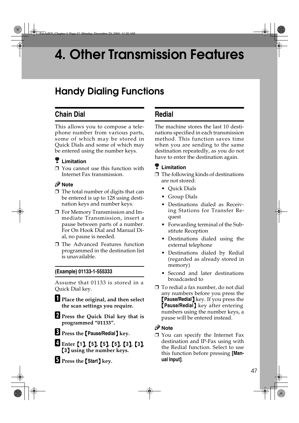 Other transmission features, Handy dialing functions, Chain dial | Redial | Ricoh Facsimile User Manual | Page 57 / 228