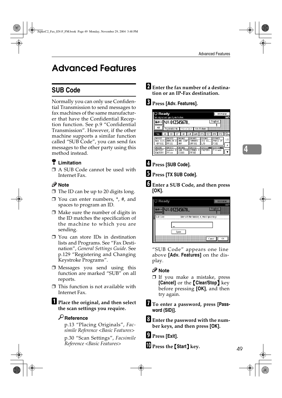 4advanced features, Sub code | Ricoh Facsimile User Manual | Page 59 / 228