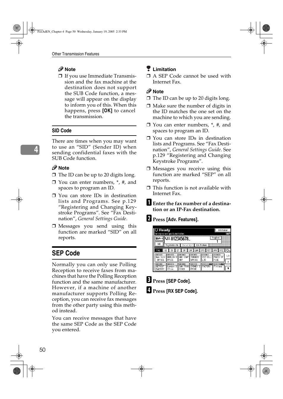 Sep code | Ricoh Facsimile User Manual | Page 60 / 228