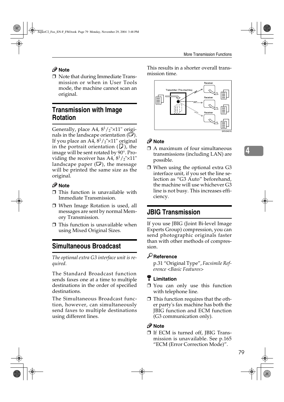 Transmission with image rotation, Simultaneous broadcast, Jbig transmission | Ricoh Facsimile User Manual | Page 89 / 228