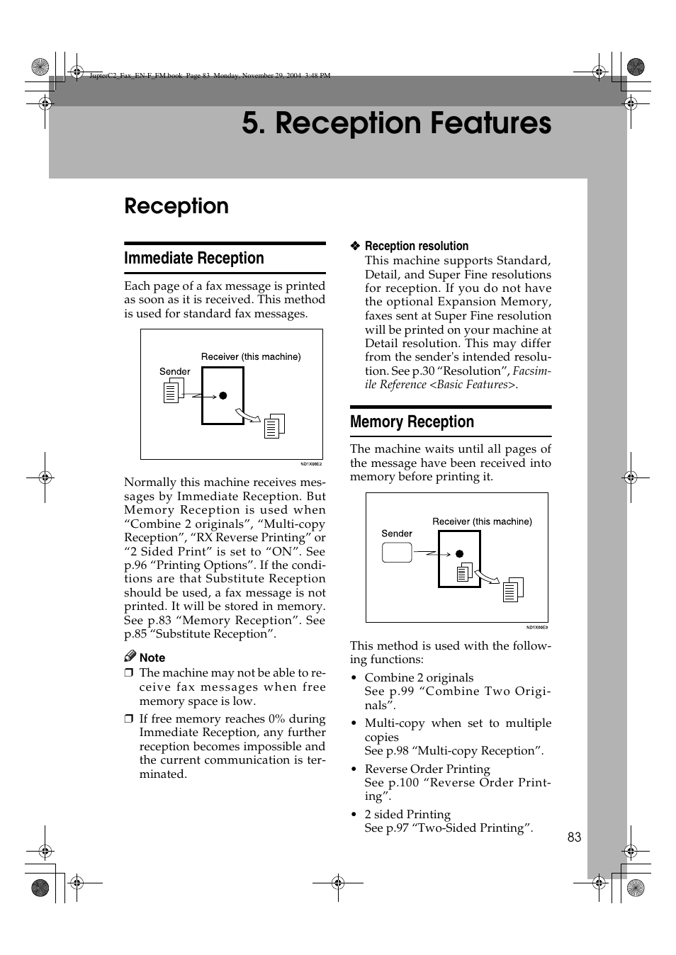 Reception features, Reception, Immediate reception | Ricoh Facsimile User Manual | Page 93 / 228