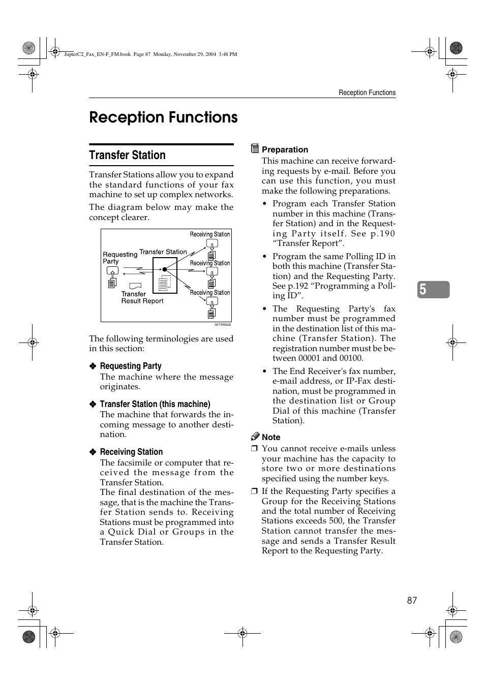 5reception functions, Transfer station | Ricoh Facsimile User Manual | Page 97 / 228