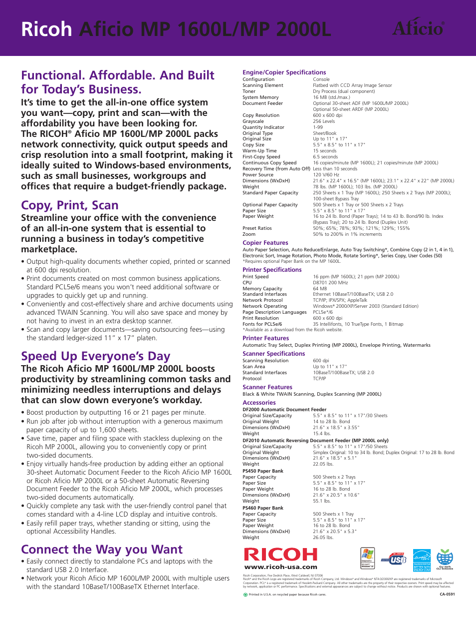 Copy, print, scan, Speed up everyone’s day, Connect the way you want | Ricoh Aficio MP1600L User Manual | Page 2 / 2
