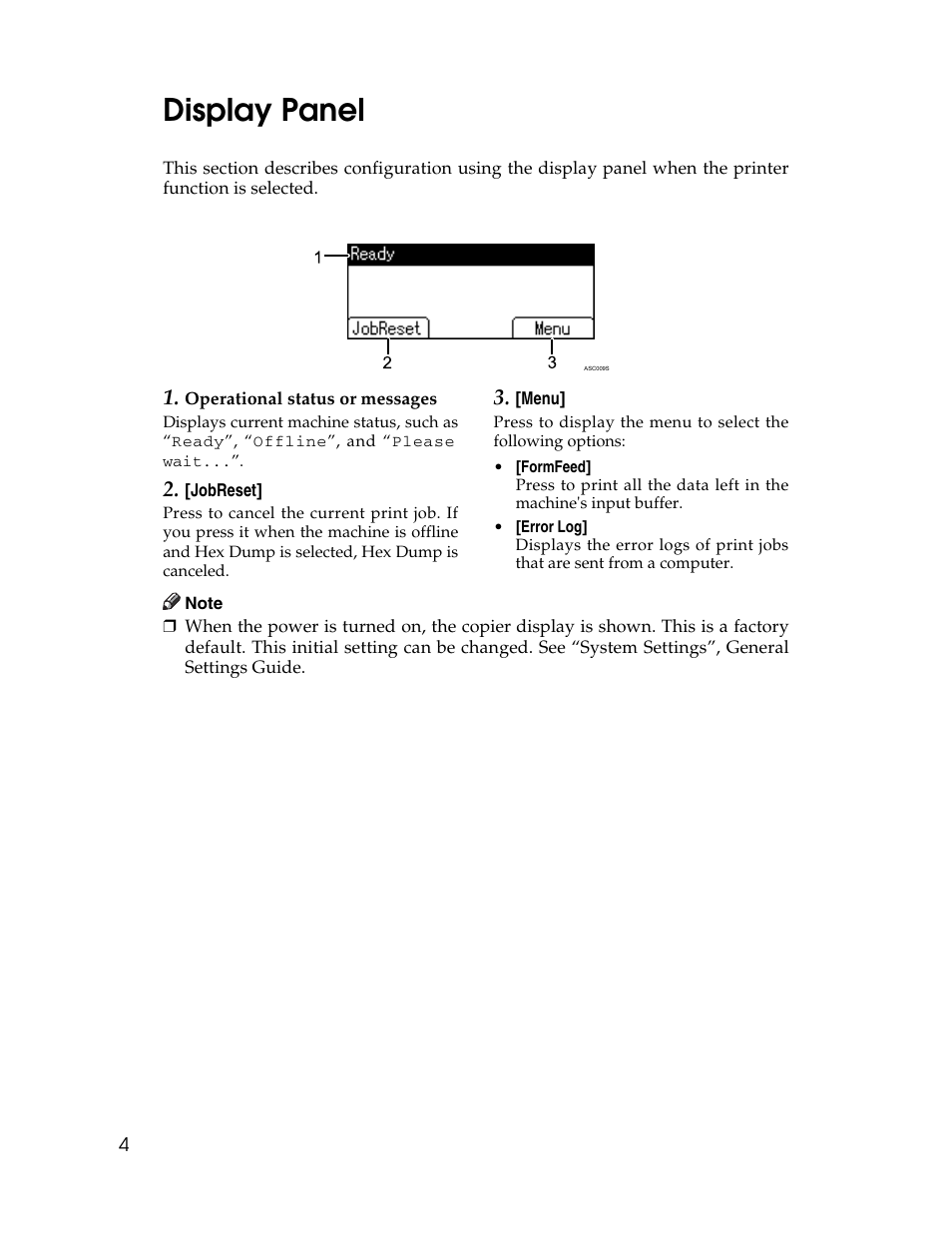 Display panel | Ricoh Type 2500 User Manual | Page 10 / 106