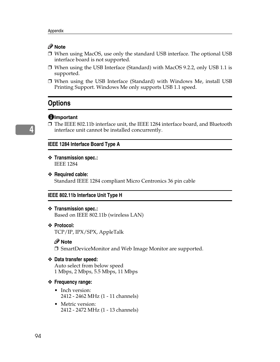 Options, Ieee 1284 interface board type a, Ieee 802.11b interface unit type h | Ricoh Type 2500 User Manual | Page 100 / 106