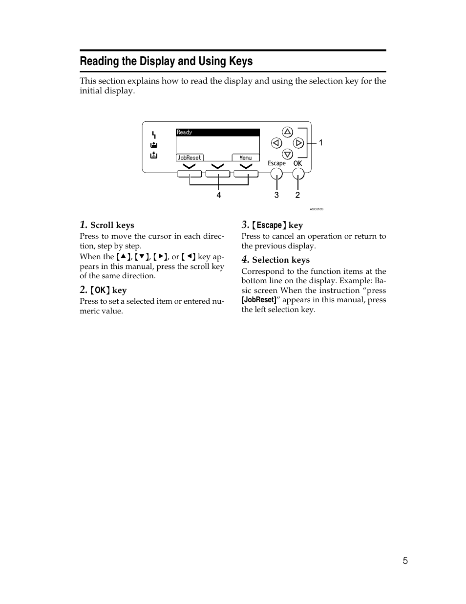 Reading the display and using keys | Ricoh Type 2500 User Manual | Page 11 / 106