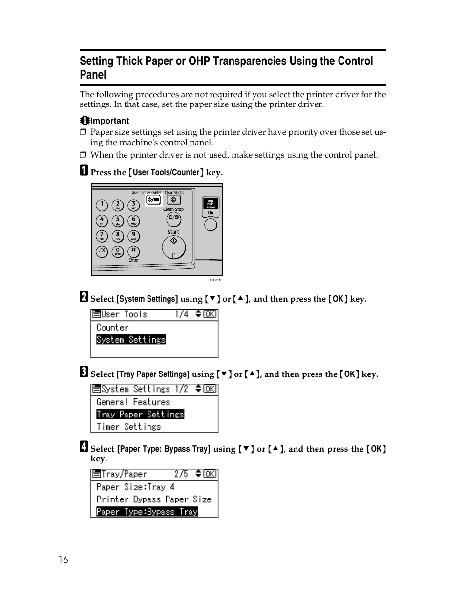E p.16 “setting thick paper or ohp trans, Parencies using the control panel | Ricoh Type 2500 User Manual | Page 22 / 106