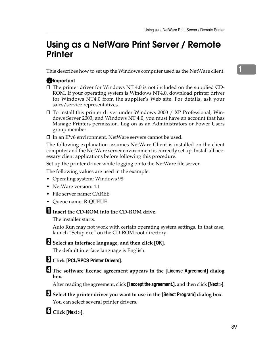 Using as a netware print server / remote printer, 1using as a netware print server / remote printer | Ricoh Type 2500 User Manual | Page 45 / 106