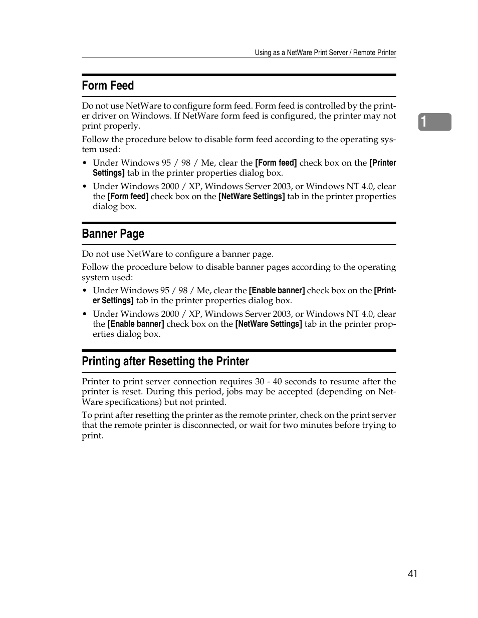 Form feed, Printing after resetting the printer, Banner page | Ricoh Type 2500 User Manual | Page 47 / 106
