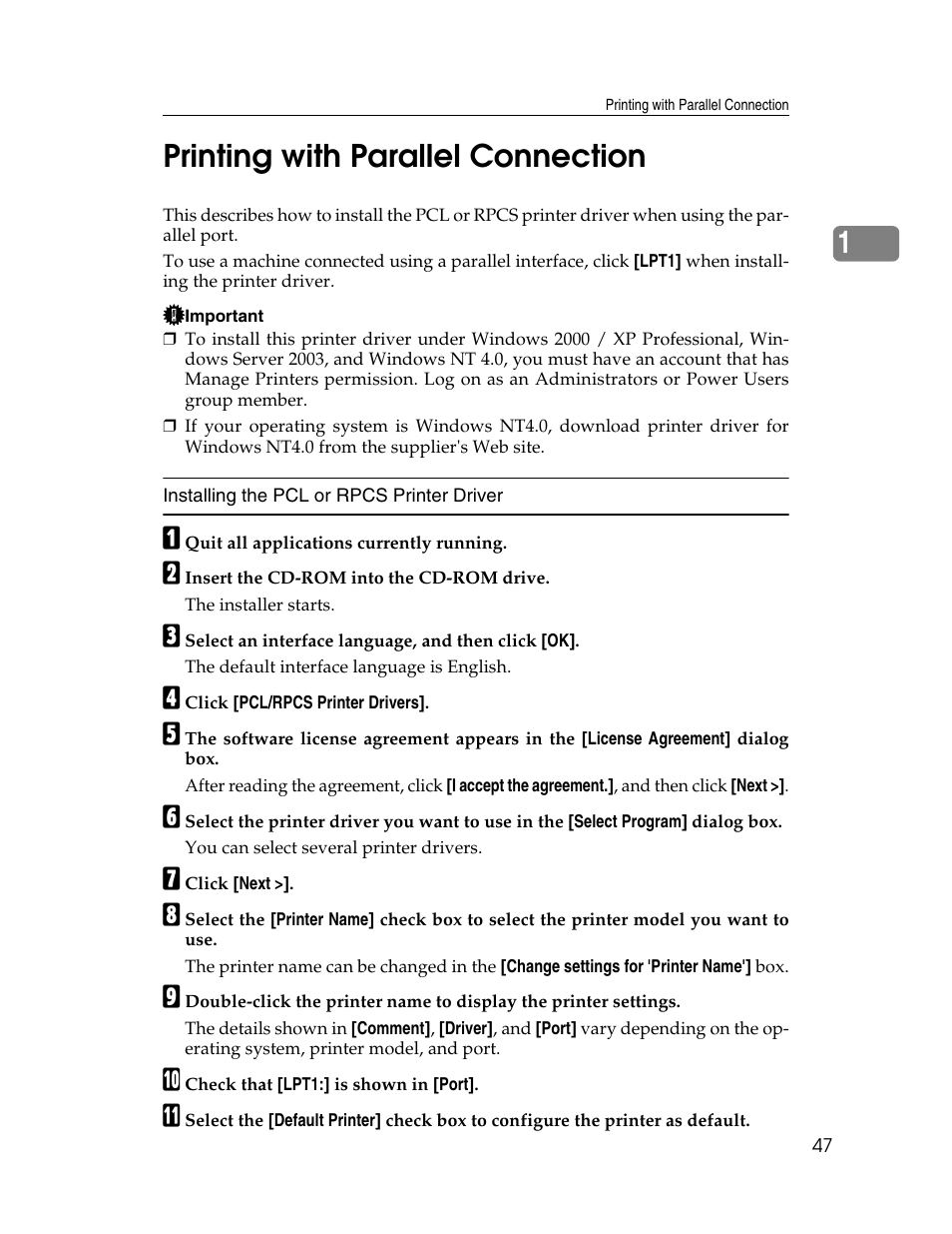 Printing with parallel connection, On, see p.47 “printing with parallel connection, 1printing with parallel connection | Ricoh Type 2500 User Manual | Page 53 / 106