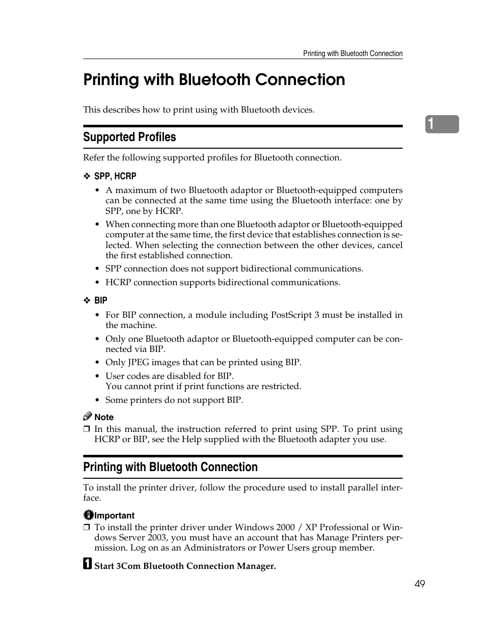 Printing with bluetooth connection, Supported profiles, See p.49 “printing with bluetooth connection | 1printing with bluetooth connection | Ricoh Type 2500 User Manual | Page 55 / 106