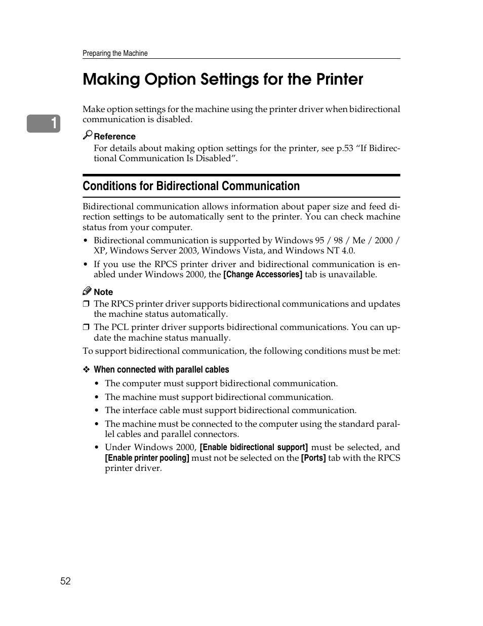 Making option settings for the printer, Conditions for bidirectional communication, P.52 “making option settings for the printer | 1making option settings for the printer | Ricoh Type 2500 User Manual | Page 58 / 106