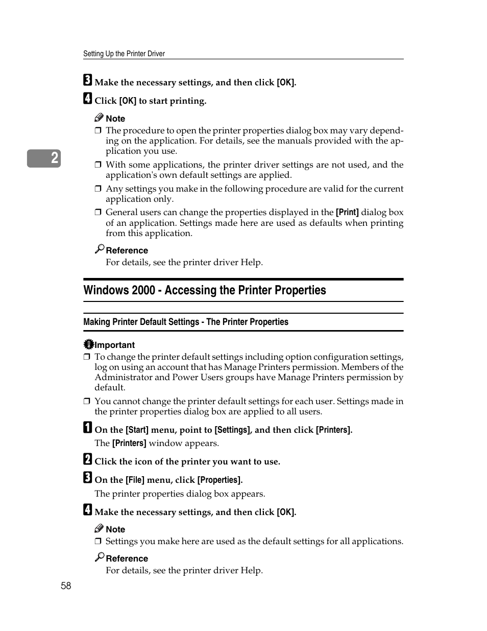Windows 2000 - accessing the printer properties | Ricoh Type 2500 User Manual | Page 64 / 106