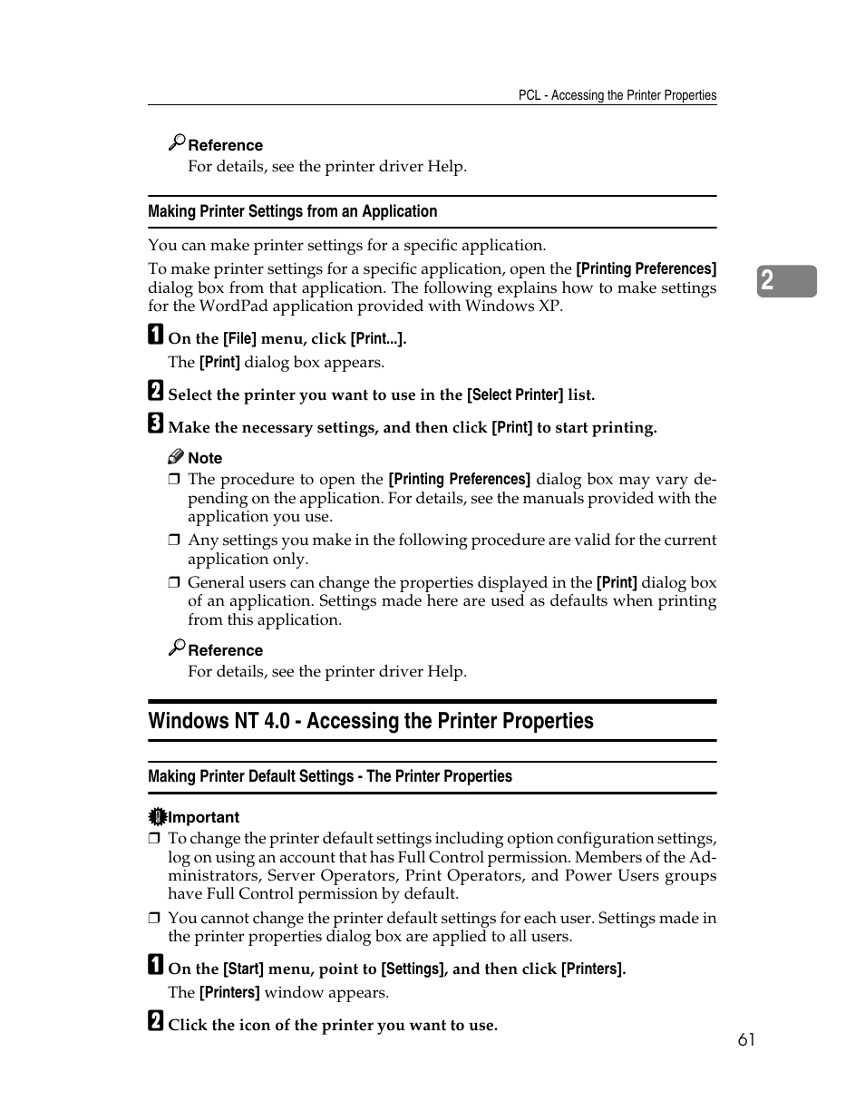 Making printer settings from an application, Windows nt 4.0 - accessing the printer properties | Ricoh Type 2500 User Manual | Page 67 / 106