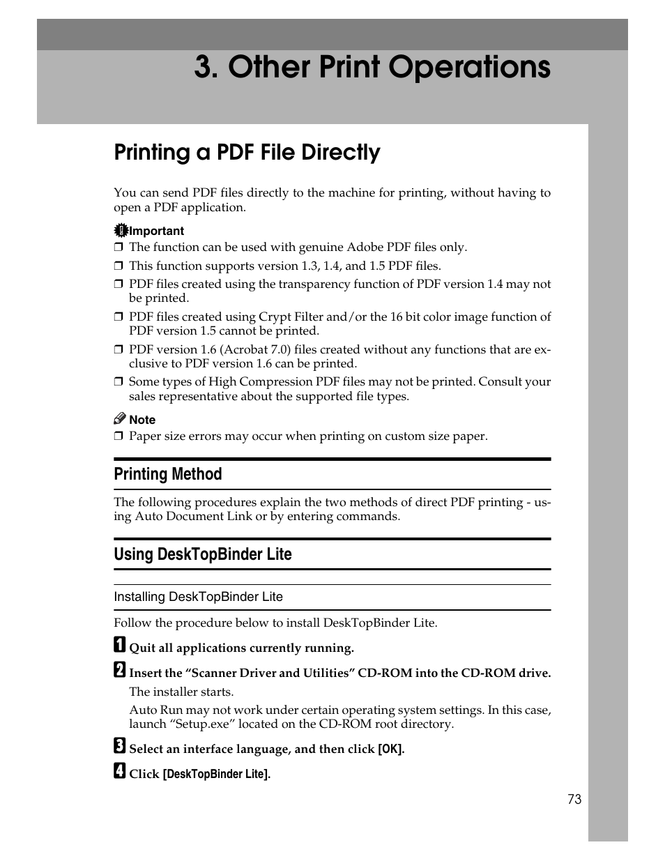 Other print operations, Printing a pdf file directly, Printing method | Using desktopbinder lite, Printing method using desktopbinder lite | Ricoh Type 2500 User Manual | Page 79 / 106
