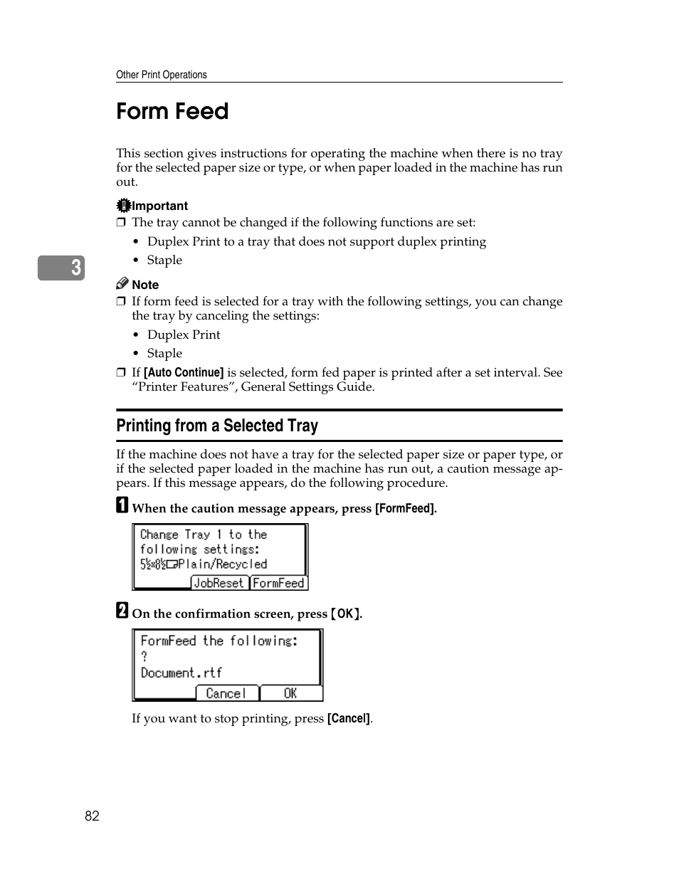 Form feed, Printing from a selected tray, 3form feed | Ricoh Type 2500 User Manual | Page 88 / 106