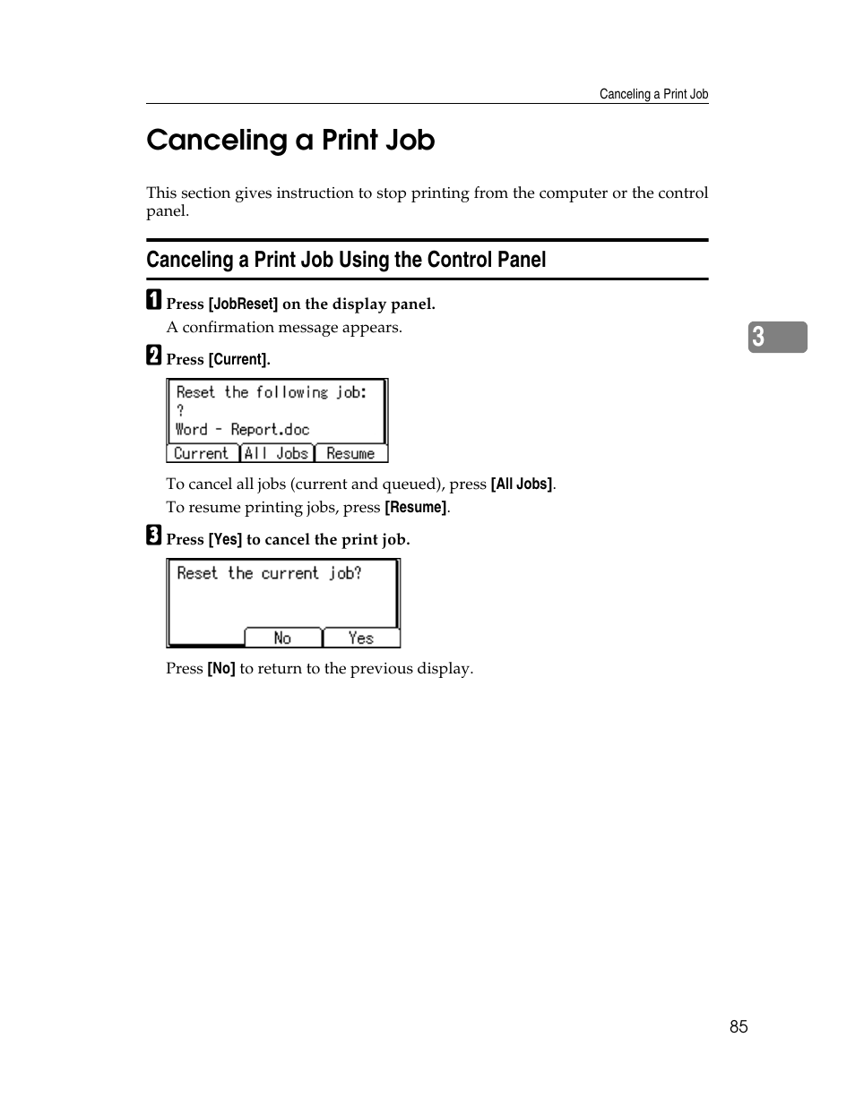 Canceling a print job, Canceling a print job using the control panel, 3canceling a print job | Ricoh Type 2500 User Manual | Page 91 / 106