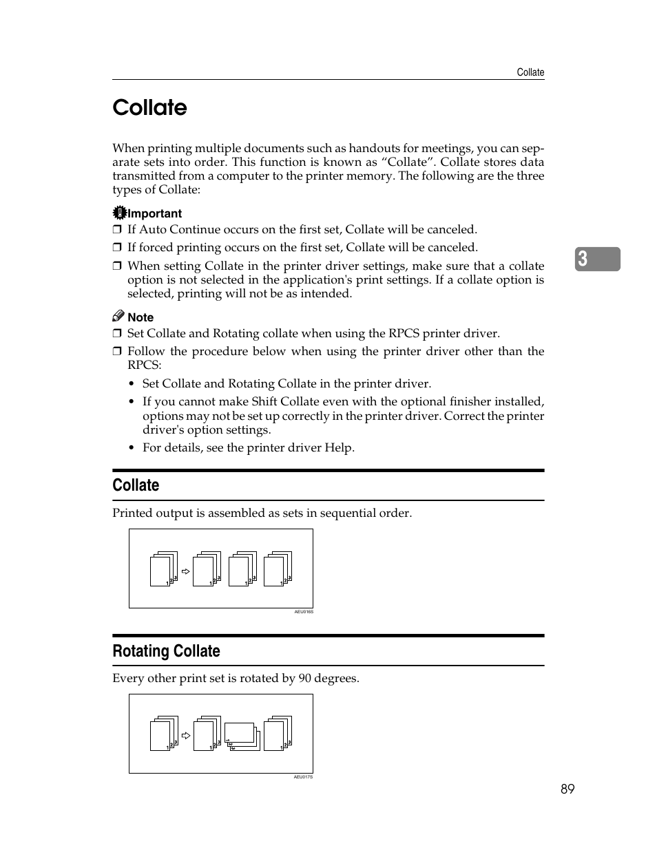 Collate, Rotating collate, Collate rotating collate | 3collate | Ricoh Type 2500 User Manual | Page 95 / 106